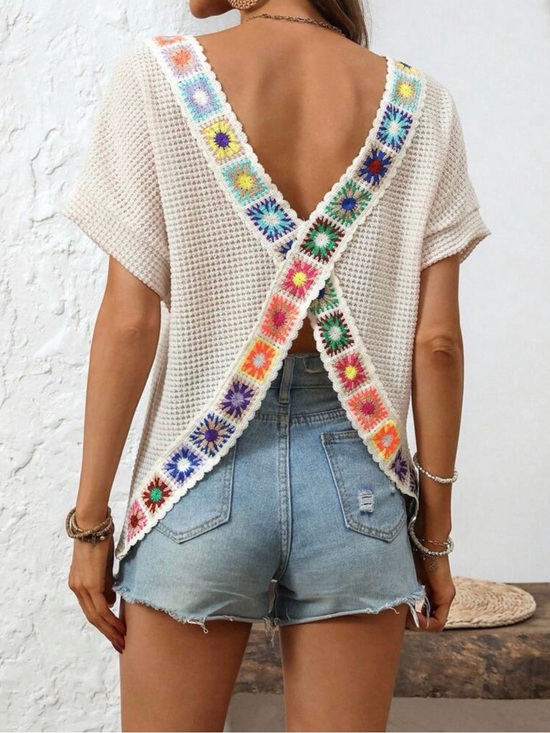 SHEIN Tops - SHEIN Tan Colorful Loose Crochet Criss Cross Top Small